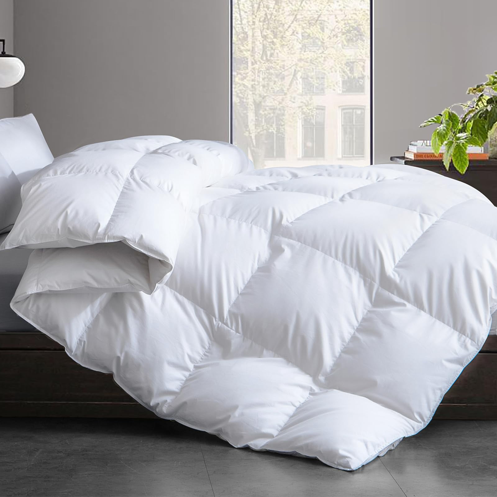 Feather and Down Comforter Insert Queen Size, 100% Cotton Cover, All Season White Down Feather Duvet Insert, Fluffy Soft Hotel Luxury Bedding for Bedroom, 90 x 90 Inches