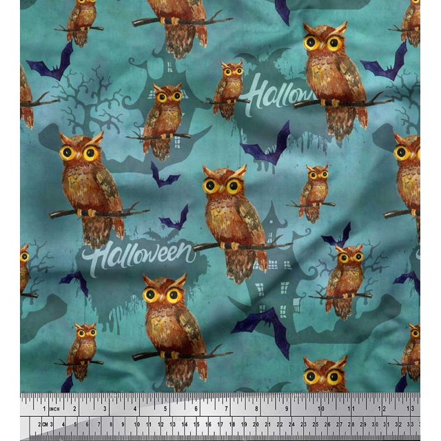 Soimoi Poly Georgette Fabric Owl,Bat & Haunted House Halloween Decor Fabric Printed Yard 42 Inch Wide