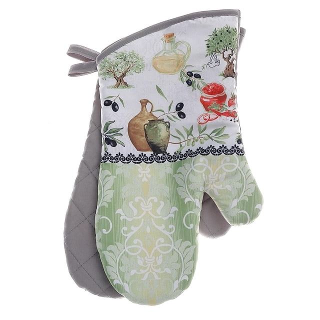 Mitaines de Four 2 Pcs Olives - Ensemble de 2 Mettant en Vedette une Mitaine au design d'Olives Multicolore Incluant des Oliviers, des Pots et des Olives Noires sur un Fond à Motifs Blancs et Verts, Assorties à une Mitaine Matelassée Gris Uni, Toutes Deux en polyester durable avec Boucles de Suspension pour la Cuisine et protection contre la Chaleur.