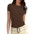 thumbnail image 1 of Wangsaura Womens Crewneck Short Sleeve Ribbed T-Shirt Slim Fit Tops Solid Basic Tee, 1 of 7