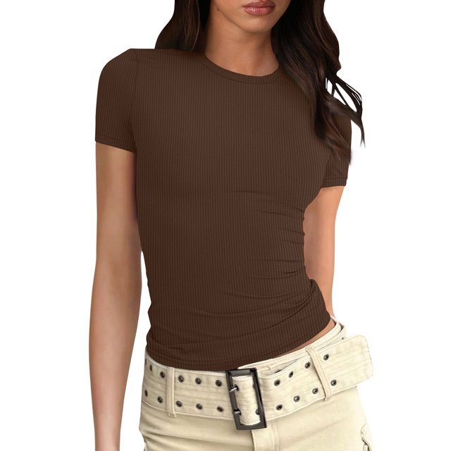Wangsaura Womens Crewneck Short Sleeve Ribbed T-Shirt Slim Fit Tops Solid Basic Tee