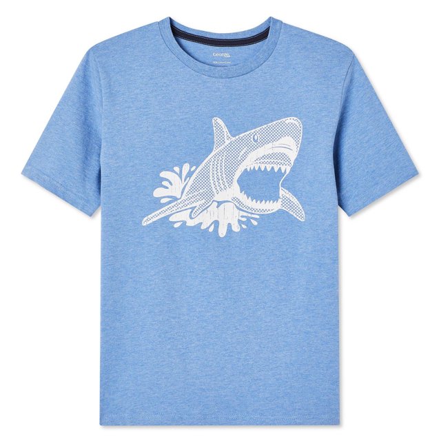 George T-shirt Graphique pour Garçons en Bleu à Manches Courtes et Encolure Ras du Cou, Fabriqué en Tricot jersey 100 % Coton. Il Présente un Imprimé Graphique de Requin Blanc Éclaboussant à l'Avant et un Ourlet Droit, Idéal pour un Usage Quotidien Décontracté.