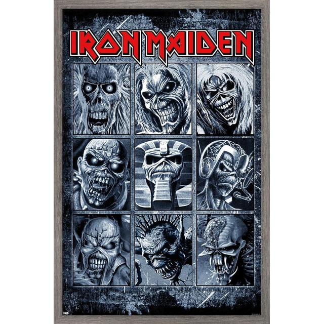 Iron Maiden - Grid Wall Poster, 22.375" x 34" framed poster featuring nine black and white illustrated panels of Iron Maiden's mascot Eddie in various horror and fantasy styles under the red Iron Maiden logo, ideal for wall art and music-themed décor.