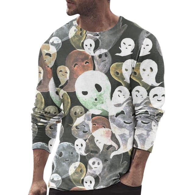 T-shirt Rétro Décontracté Grande Taille Automne et Hiver pour Homme, Imprimé Complet, Col à Manches Longues, Vieux Festival d'Halloween