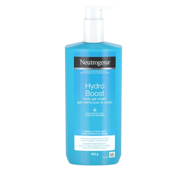 Neutrogena Hydro Boost Gel Body Cream for Dry Skin, 453 g, blue plastic pump bottle with white dispenser, featuring hyaluronic acid formula that instantly hydrates and locks moisture for dry, sensitive, and normal skin types.