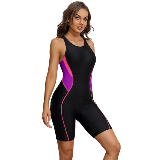 Charmo Womens Boyleg Unitard Swimsuits Racerback Athletic One Piece Bathing Suits in black with vibrant pink and purple side panels. Designed with a square neckline, racerback, and knee-length boyleg style for modest coverage, flexibility, and support during swimming, surfing, or water aerobics.