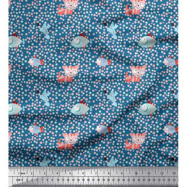 Soimoi Silk Fabric Dot,Fish & Cat Kids Print Fabric by The Yard 42 Inch Wide