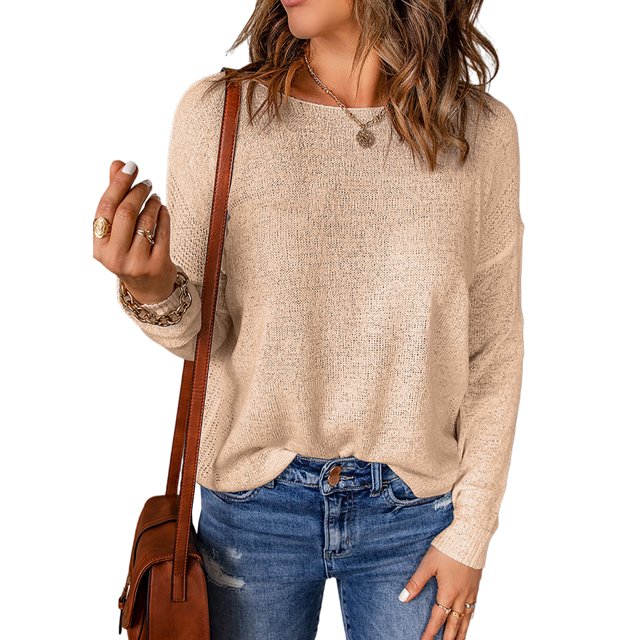 Innerwin Sweater Solid Color Ladies Jumper Tops Chic Long Sleeve Casual Knitted Sweaters Apricot XL