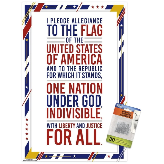 Les États-Unis d'Amérique - Affiche Murale du Serment d'Allégeance, 22,375 Pouces x 34 Pouces, Montrant le Texte Complet du Serment d'Allégeance en Rouge et Bleu sur Fond Blanc avec une Bordure Décorative d'Étoiles et de Rayures en Rouge, Bleu, Blanc et or, Comprend 30 Punaises Transparentes pour une Suspension Facile et Sans Dommages, Convient à la Décoration Murale de la Maison, de la Classe Ou du Bureau.