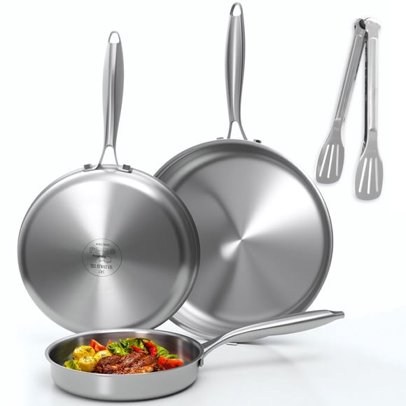 YeKuKing Tri-ply Stainless Steel Frying Pan Set 8" 10" 12" Large Skillet for Chef's Cookware Set, Induction Oven Dishwasher Safe,