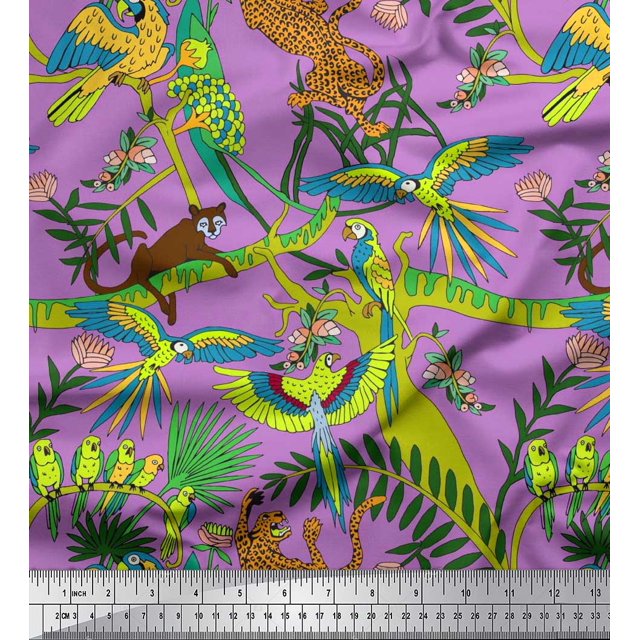 Soimoi Rayon Fabric Branches,Parrot & Leopard Jungle Print Sewing Fabric Yard 42 Inch Wide