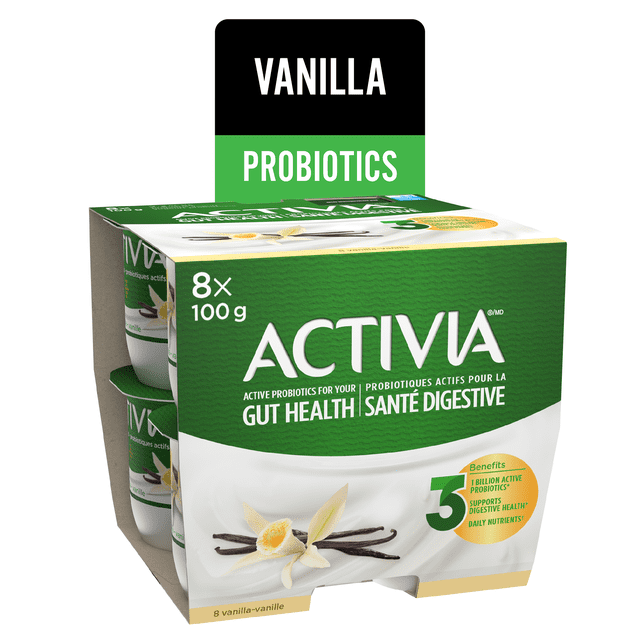 Activia Yogourt Probiotique, Vanille, Lot de Huit Contenants de 100 g avec Emballage Vert et Blanc Mettant en Vedette Fleur de Vanille et Gousses, Mettant en Valeur 3 Bienfaits, Dont 1 Milliard de Probiotiques Actifs par Portion pour la Santé Intestinale et le Soutien Digestif, Convient comme Collation Nutritive.