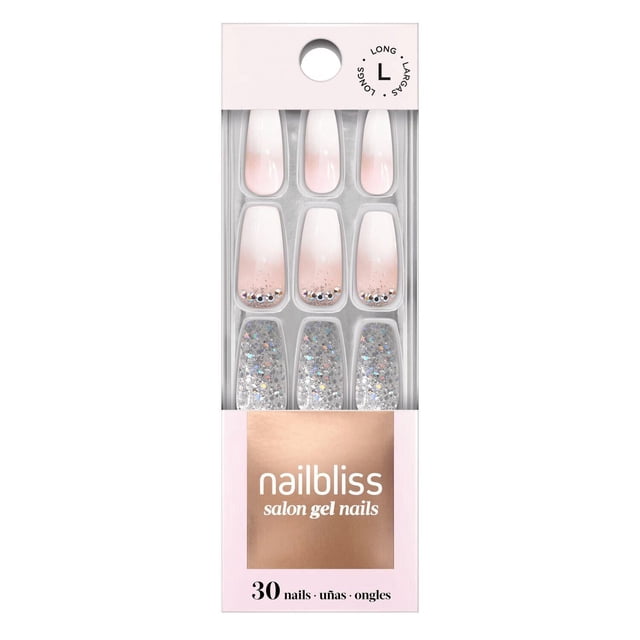 NAILBLISS salon gel nails set with 30 long coffin-shaped false nails featuring glossy ombré pink to nude nails with rhinestone accents and silver glitter nails, designed for easy application and professional gel durability.