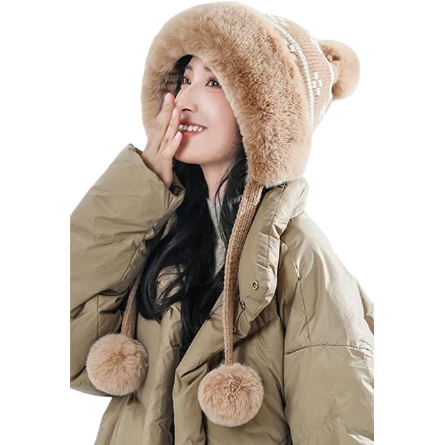 LinYooLi Bonnet Femme Mignon Pompon Tricoté Doublé Fausse Fourrure Chapeau Chaud d'Hiver