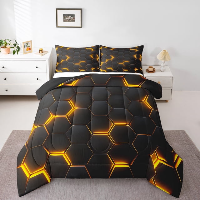 Parure de Lit à Imprimé Nid d'Abeilles Doré Grand Lit pour Garçons Filles, Ensembles de Douillette Géométrique Ruche, Ensemble de Literie à Motif Hexagonal Noir, Insert de Couette Géométrie, Courtepointe à Carreaux Abstraite Moderne