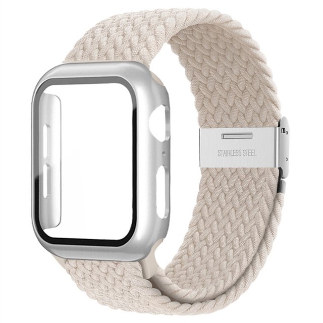 ALMNVO Braided Solo Loop Band Compatible with Apple Watch Bands with Case 41mm 38mm 40mm,Stretch Nylon Elastic Strap with Glass Screen Protector Case for iWatch Series 7 6 SE 5 4 3 2 1