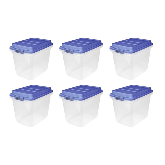 Hefty 6 Pack 32 Quart Hi-Rise Stackable Plastic Storage Bin with Lid, Blue