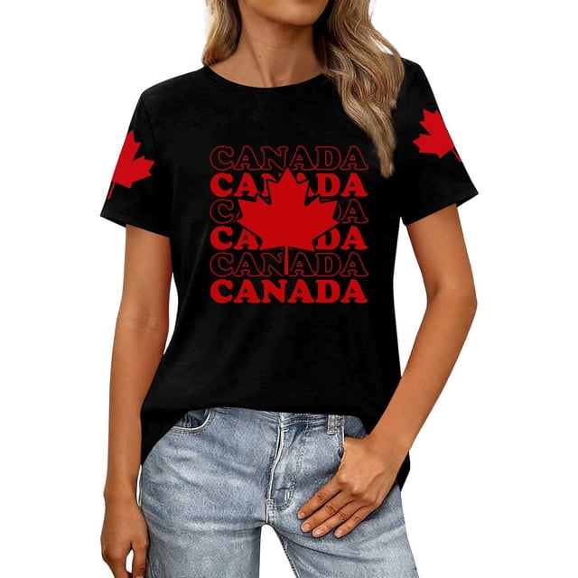 Fgnfyis T-Shirts Graphiques pour Femmes pour l'Été, Tenue Décontractée, Confortable, Manches Courtes, Col Rond, Tee avec Imprimé Patriotique de la Fête du Canada, T-Shirts pour Femmes, Noir, P