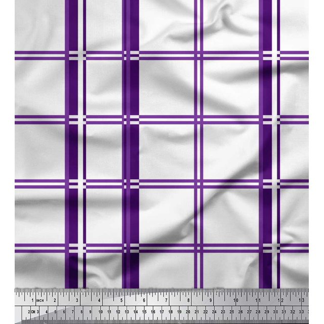 Soimoi Purple Poly Georgette Fabric Window Pane Check Print Fabric by the Yard 52 Inch Wide