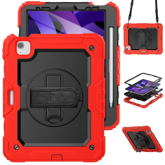 XYX For iPad Air 5th/4th Generation 10.9 inch 2022/2020 Case, 360 Rotating Shockproof Cover with Stand, Screen Protector, Shoulder Strap, Red