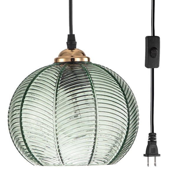 AOODU Plug in Pendant Light, Green Glass Pendant Light 14.75ft Hanging Light with Plug in Cord Hand Blown 1-Light Hanging Lamp Plug in Pendant Lighti