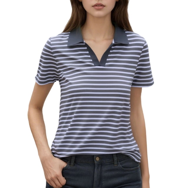 Stylish Women's T-Shirts with Collared V Neck Design Striped Pattern for Everyday Casual and Work Attire for Spring and Summer Seasons