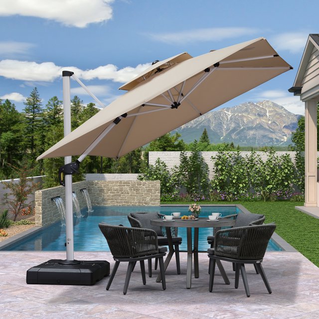 PURPLE LEAF Parasol de Patio Carré de Luxe 9 Pi, Grand Parasol Déporté à Mât Décentré avec Rotation à 360°, Beige