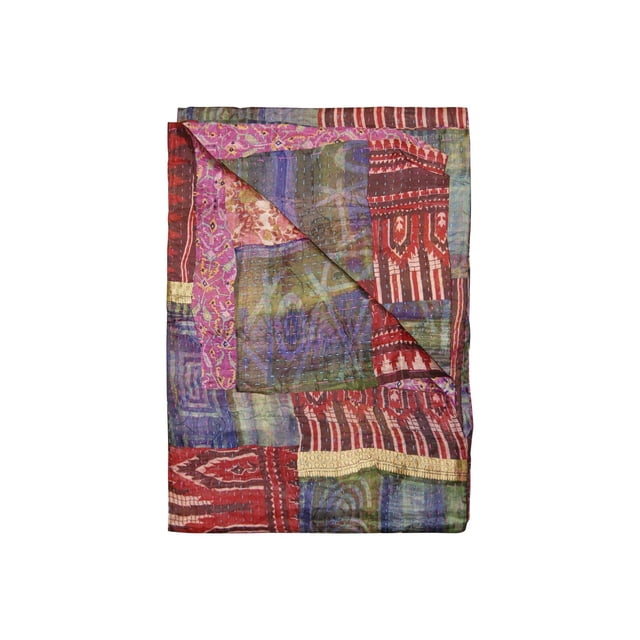 KANTHA SILK THROW BLANKET 50"X70" showcasing a handcrafted quilted patchwork of red, purple, green, and pink silk fabric squares with visible hand stitching, folded to reveal both sides, ideal as a decorative throw, wall hanging, or table cover.