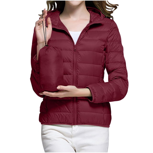 WRKEKC Lightweight Hooded Parka for Women, Solid Color Long Sleeve Full Zip Coat with Secure Pockets and Ribbed Cuffs, Transitional Season Layer Wine M