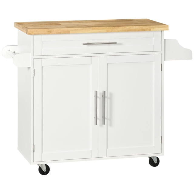 HOMCOM Kitchen Island avec Rangement, Chariot Roulant en Blanc avec Comptoir en Bois de Caoutchouc Naturel. Comprend un Tiroir, une Armoire Fermée avec Tablette Ajustable, un Porte-Épices et un Porte-Serviettes. Équipé de Quatre Roulettes à Roulement Fluide, Deux avec Freins Verrouillables, pour la Mobilité et la Stabilité. Dimensions : 42,9 Pouces de Large, 15,7 Pouces de Profondeur et 35 Pouces de Hauteur.