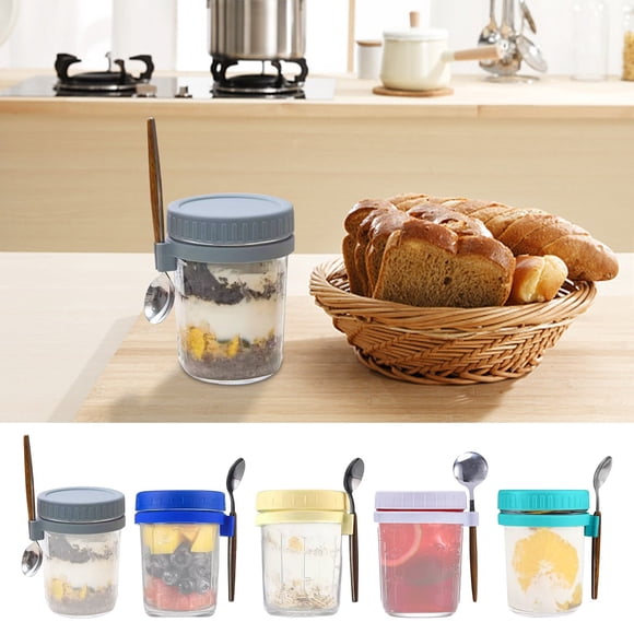 Overnight Oats Jars with Lid and Spoon, Leak-Proof 350ML Glass Containers for Breakfast Meal Prep, Portable Cereal Jars for DIY Oats Yogurt Salad Office Gym