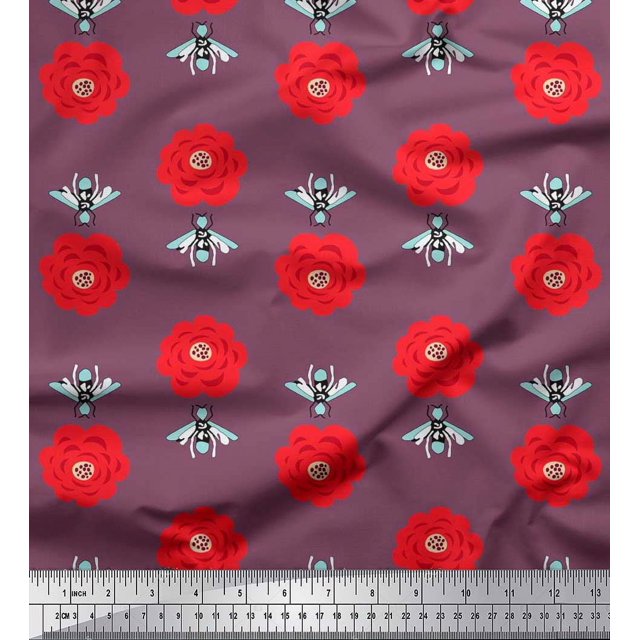 Soimoi Cotton Duck Fabric Floral & Bee Insects Print Fabric by Yard 42 Inch Wide