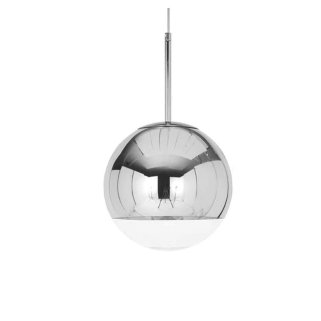 Globe pendant in gold 14" with a spherical glass shade featuring a reflective gold upper half and frosted white lower half, suspended by a slim gold rod, designed for ceiling pendant lighting using an E26 40W bulb.