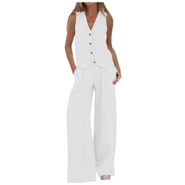 Combinaisons Habillées Décontractées 2 Pcs pour Femmes, Tenues de Soirée, Tailleurs Sans Manches à Boutons pour Femmes, Grande Taille, Gilet Chemise, Pantalon Droit à Jambe Grand avec Poches