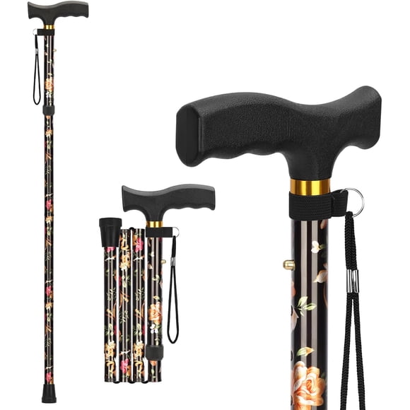 SupreGear Folding Walking Cane, Lightweight Adjustable Walking Stick with T Handle, Wrist Strap, Black Floral