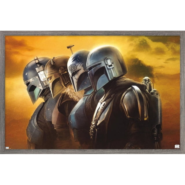 Star Wars : The Mandalorian Saison 3 - Affiche Murale de Casques, 22,375 Pouces x 34 Pouces, Montrant Quatre Casques Mandalorian de Profil Latéral sur Fond Jaune-Orange Nuageux, Imprimée sur Papier d'Affiche Lustré, Convient à l'Art Mural et à la Déco de Pièce.