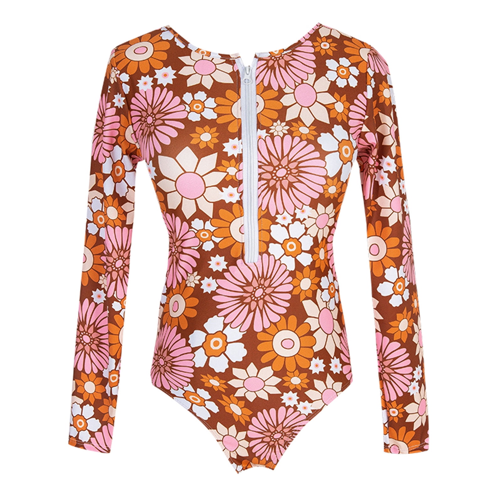 Pudcoco Maillot de Bain une-Pièce à Manches Longues à Motif Floral pour Femmes, Maillot de Bain Mode à Fermeture Éclair