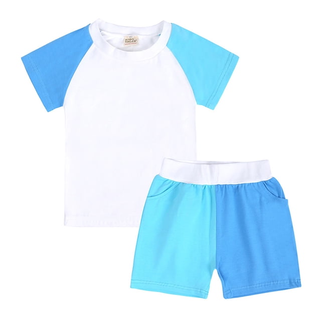 Économies d'Automne! HVOBTTY Ensemble Décontracté 2 Pcs pour Fille à Manches Courtes, Ensemble 2 Pcs pour Fille à Couleur Unie avec Encolure Ronde Filetée, Manches Courtes et Shorts Bleu Pâle, 60