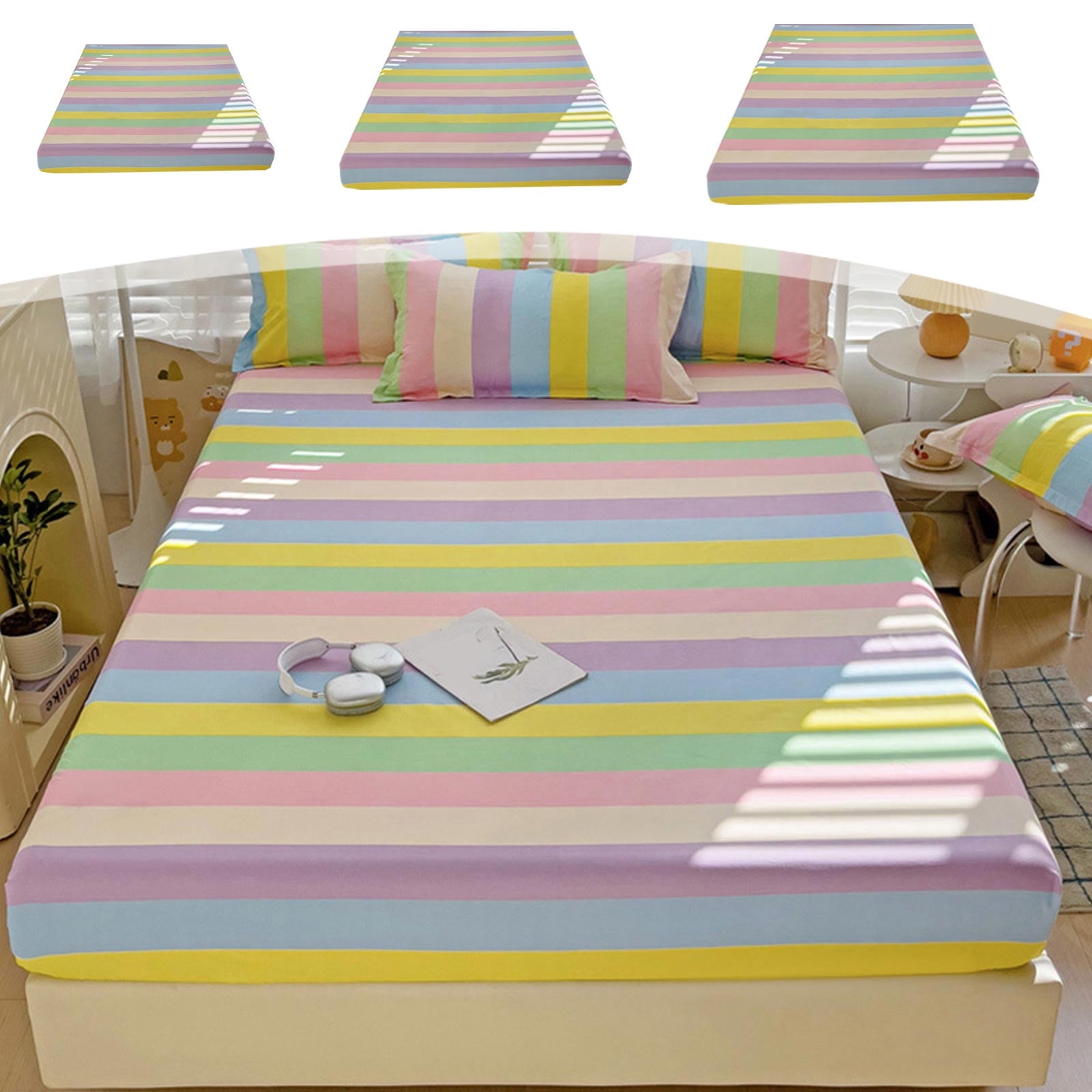 YYV Striped Fitted Sheet Washed Cotton Colorful Striped Fitted Sheet Soft Breathable Mattress Protector And Bedspread Elastic Deep Pocket Bed Sheet Home Bedding Set