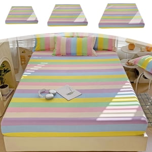 YYV Striped Fitted Sheet Washed Cotton Colorful Striped Fitted Sheet Soft Breathable Mattress Protector And Bedspread Elastic Deep Pocket Bed Sheet Home Bedding Set