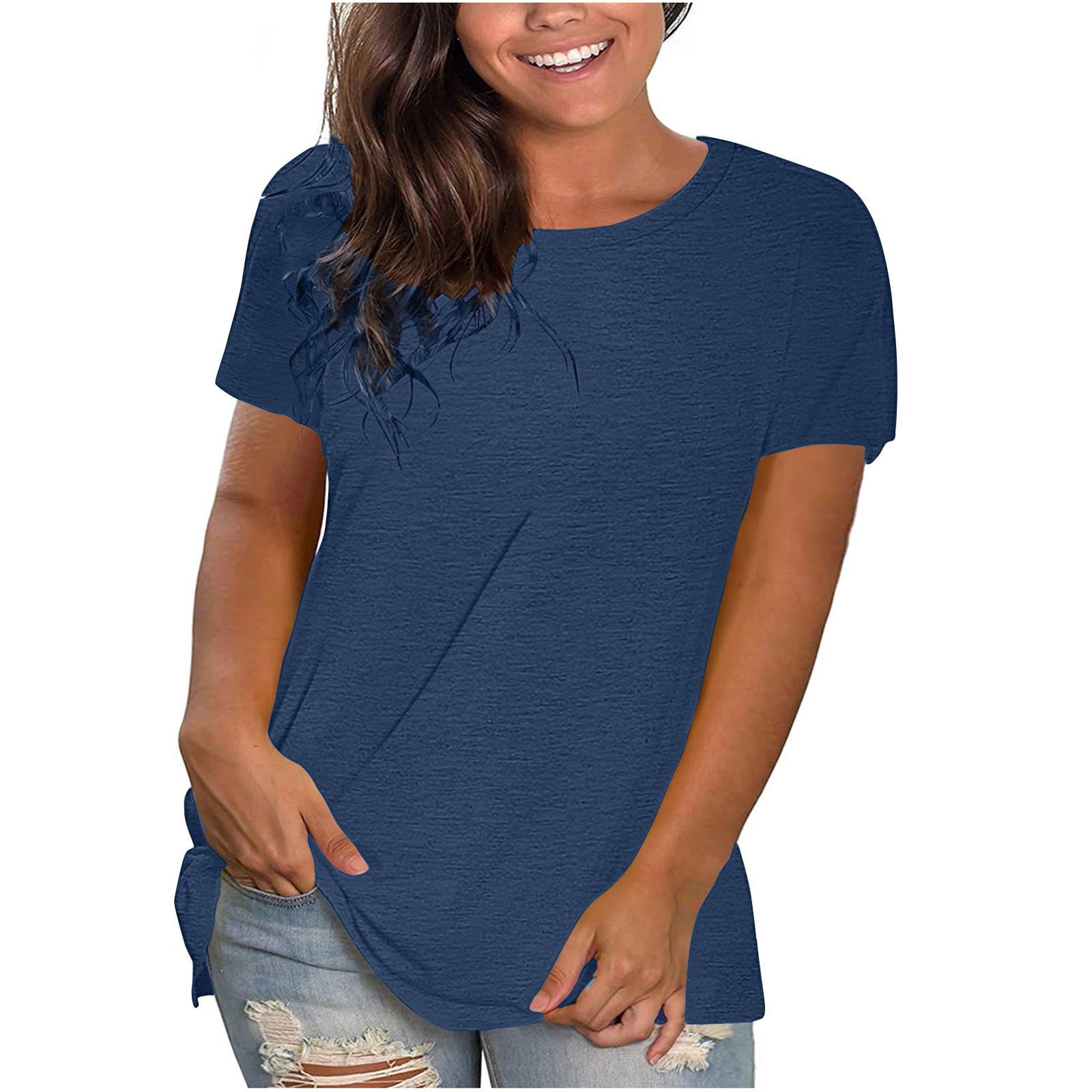 Timegard Plus Size Tops for Women Round Neck Short Sleeve T Shirts Casual Solid Color Loose Top