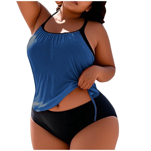 FAVIPT Plus Size Women's 2 Piece Tankini Tummy Control Ruched Drawstring Swimwear Tropical Summer Beach Bathing Suit Blue,XXXXL