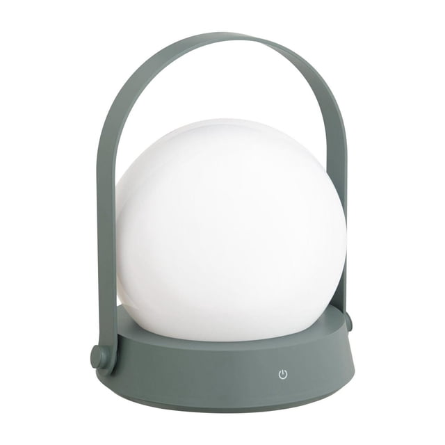 hometrends LED Colour-Changing Lantern with a spherical white LED light on a matte green plastic base and handle, featuring a touch power button, rechargeable Micro USB battery, and seven colour modes, suitable for camping and ambient lighting.