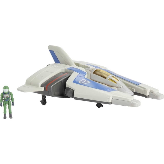 Disney Pixar Lightyear Hyperspeed Series XL 07 Spaceship and Buzz Lightyear figure featuring a white and blue spaceship with fold-out landing gear and yellow cockpit canopy, accompanied by a 1.5-inch green pilot figure with movable joints, suitable for action figure playsets and space adventure roleplay.