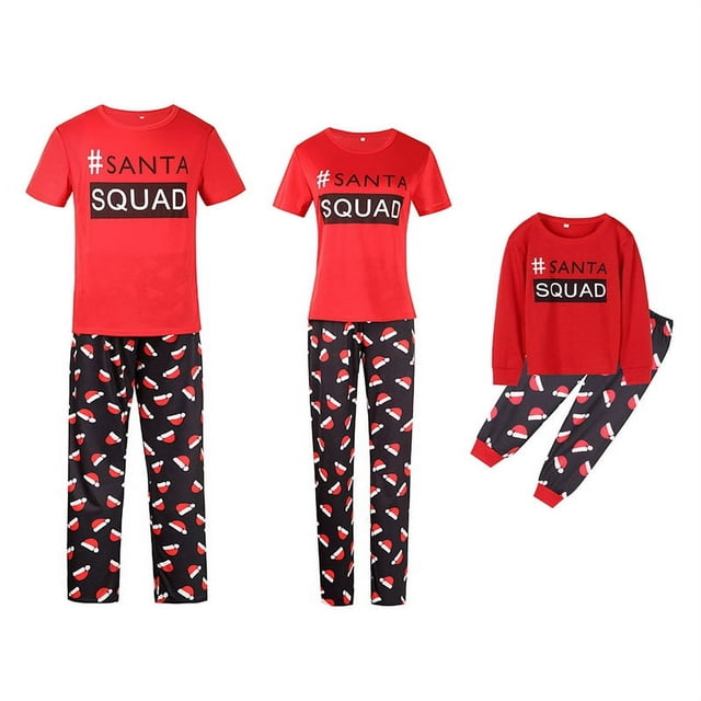 Christmas Family Matching Pyjamas PJS Set Santa SQUAD Sleepwear Nightwear T Shirt Hat Printed Pant