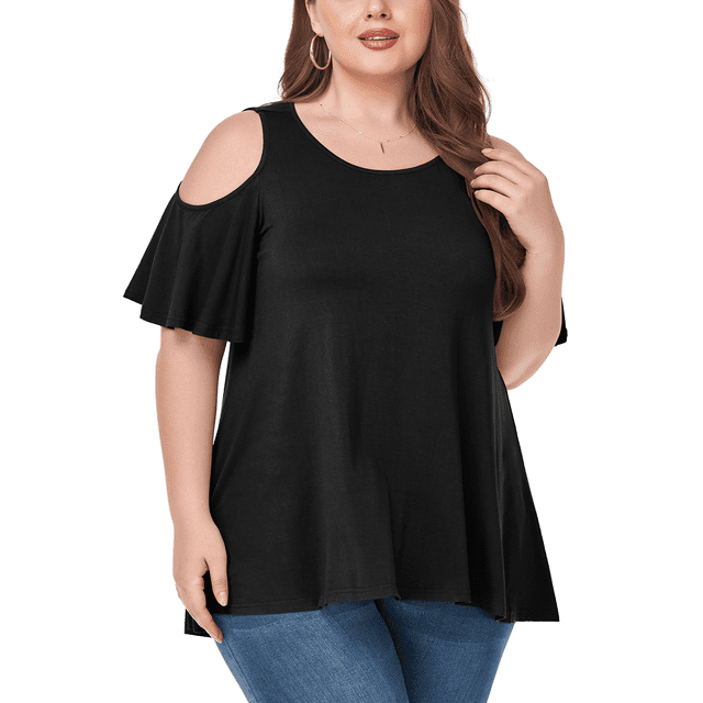 CHUANK Women‘s Plus Size Cold Shoulder Tunic Top Summer Short Sleeve Blouse