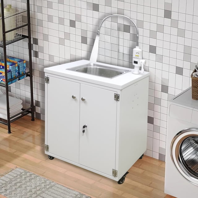 FixtureDisplays® 24 X 18 X 39" Portable Mobile Sink Hot Water Temperature Control Hand Wash Station 10180F. This grey metal cabinet features a stainless steel sink with dimensions of 12.9 inches wide, 10.3 inches tall, and 5 inches deep. It includes a built-in heater faucet with a digital temperature display, offering hot water between 90 to 110°F and room temperature water. The cabinet, made of 22GA carbon steel with a powder-coated finish, measures 24 inches wide, 18.3 inches deep, and 39 inches tall, with 4 casters for mobility, 2 of which are locking. Ideal for camping, festivals, food trucks, and public spaces, it operates on a 110V power supply. Shown in a tiled indoor setting.