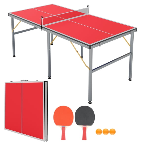 Ping Pong Table Set 6x3FT Full Size - Collapsible Indoor/Outdoor Table Tennis with Net, 2 Paddles & 3 Balls - Quick Assembly Weatherproof Game Table (Red)