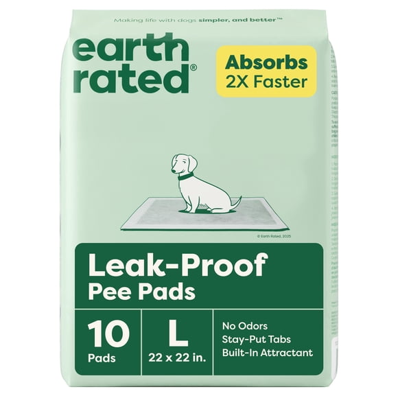 Earth Rated Leak-proof Pee Pads for Dogs and Puppies, 2X Faster Absorption*, Unscented, L, 22x22 in., 10 Pads