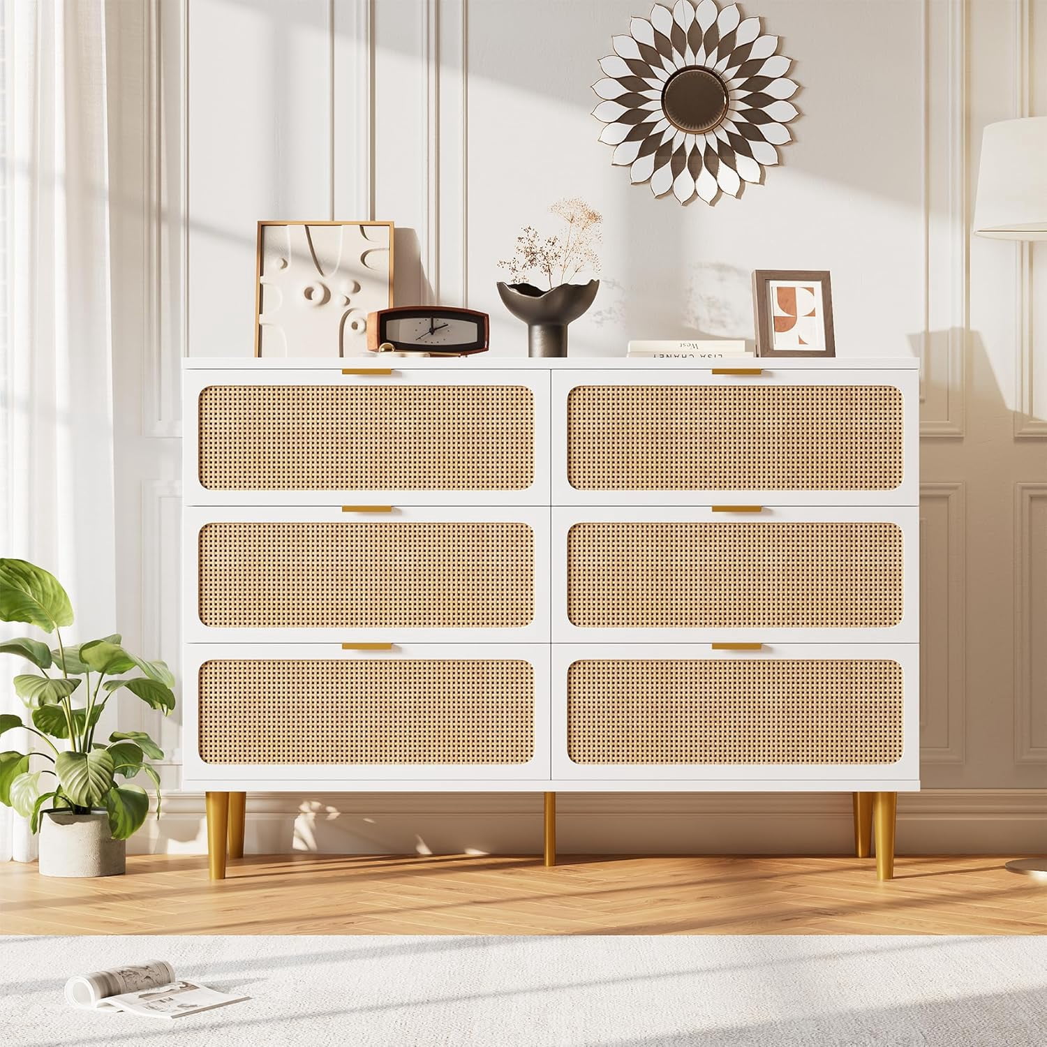 Rattan 6 Drawer Dressers for Bedroom, Large Double Dresser with Deep Drawers, Chest of Drawers for Closet with Wide Top, Long Wooden Dresser for Living Room, Hallway, Kids Room, White
